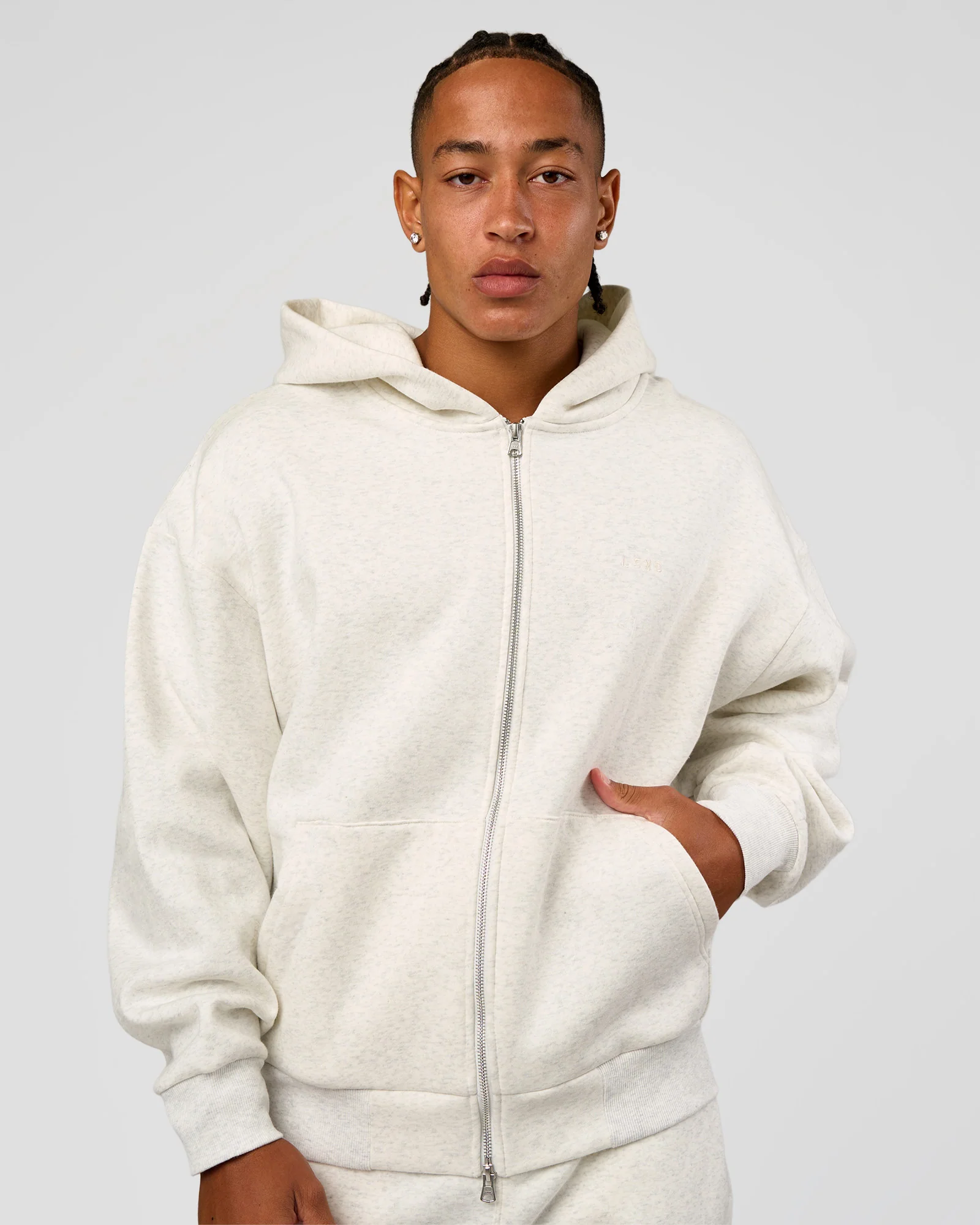 Base Zip Through Oversized Hoodie - Silver Marl - Image 12