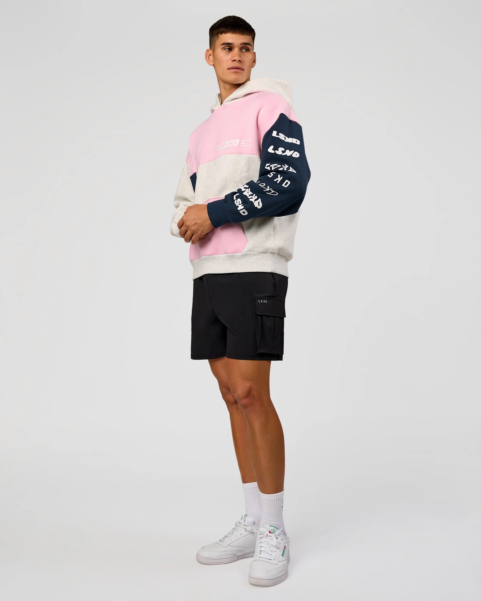 Deconstructed Fleece Hoodie - Grey Marl-Marshmallow-Navy - Image 3