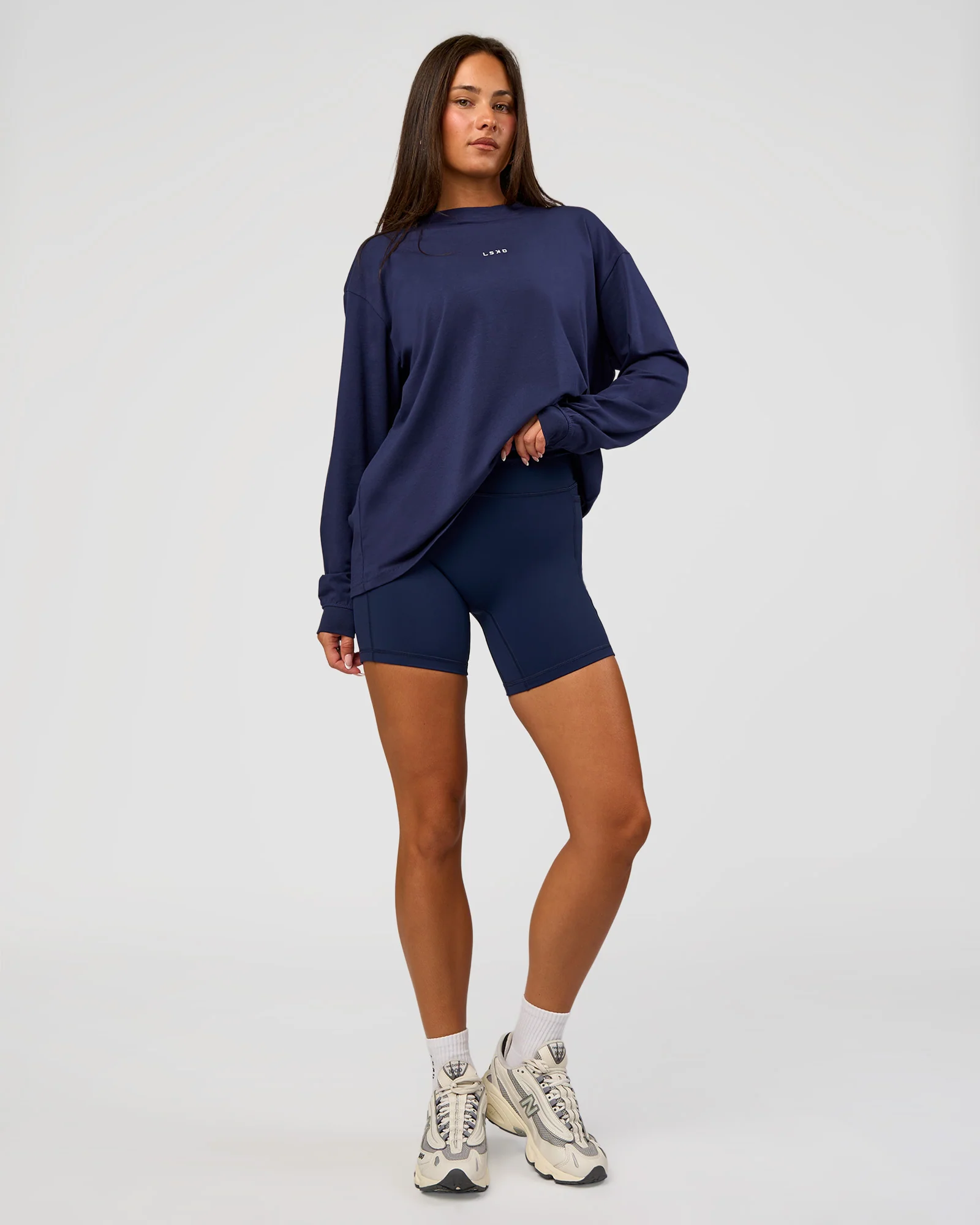Go-To Long Sleeve FLXCotton Oversized Tee - Future Navy-White - Image 8