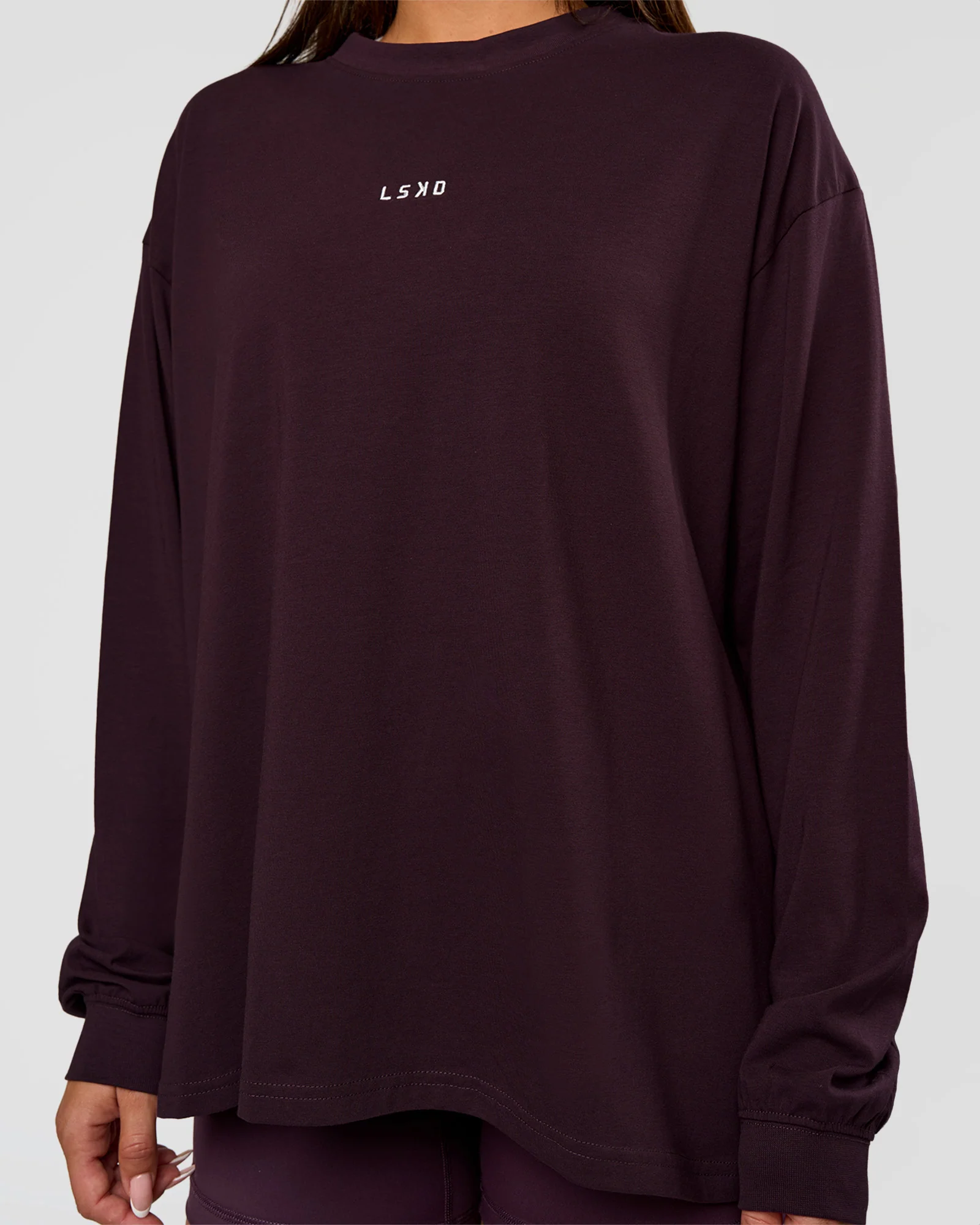 Go-To Long Sleeve FLXCotton Oversized Tee - Midnight Plum-White - Image 4
