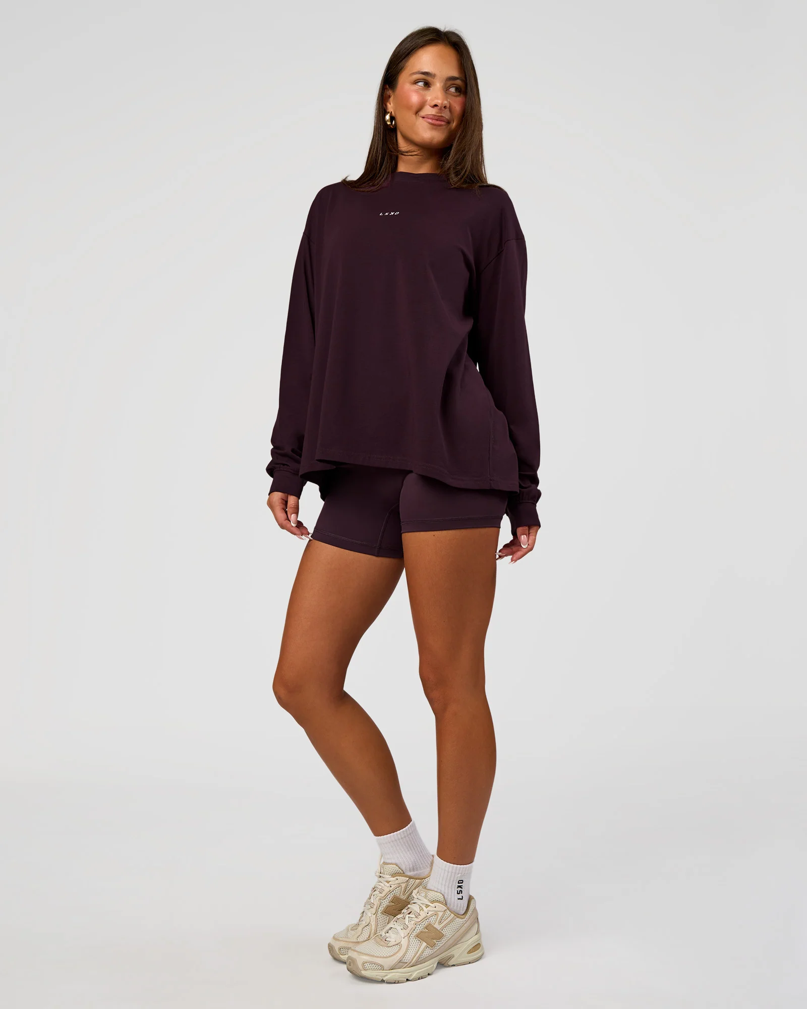 Go-To Long Sleeve FLXCotton Oversized Tee - Midnight Plum-White - Image 5