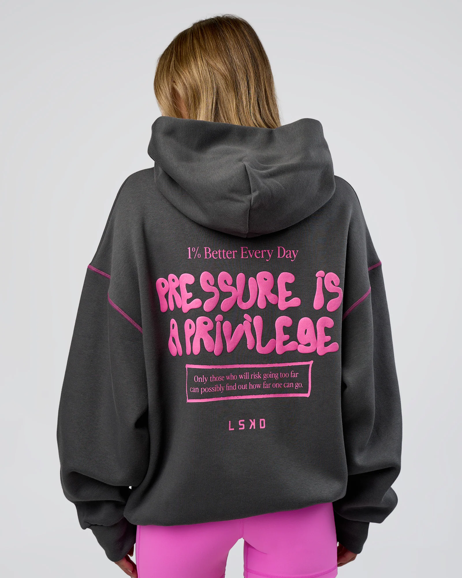 Pressure is Privilege Oversized Hoodie - Dark Storm-Ultra Fuchsia - Image 4