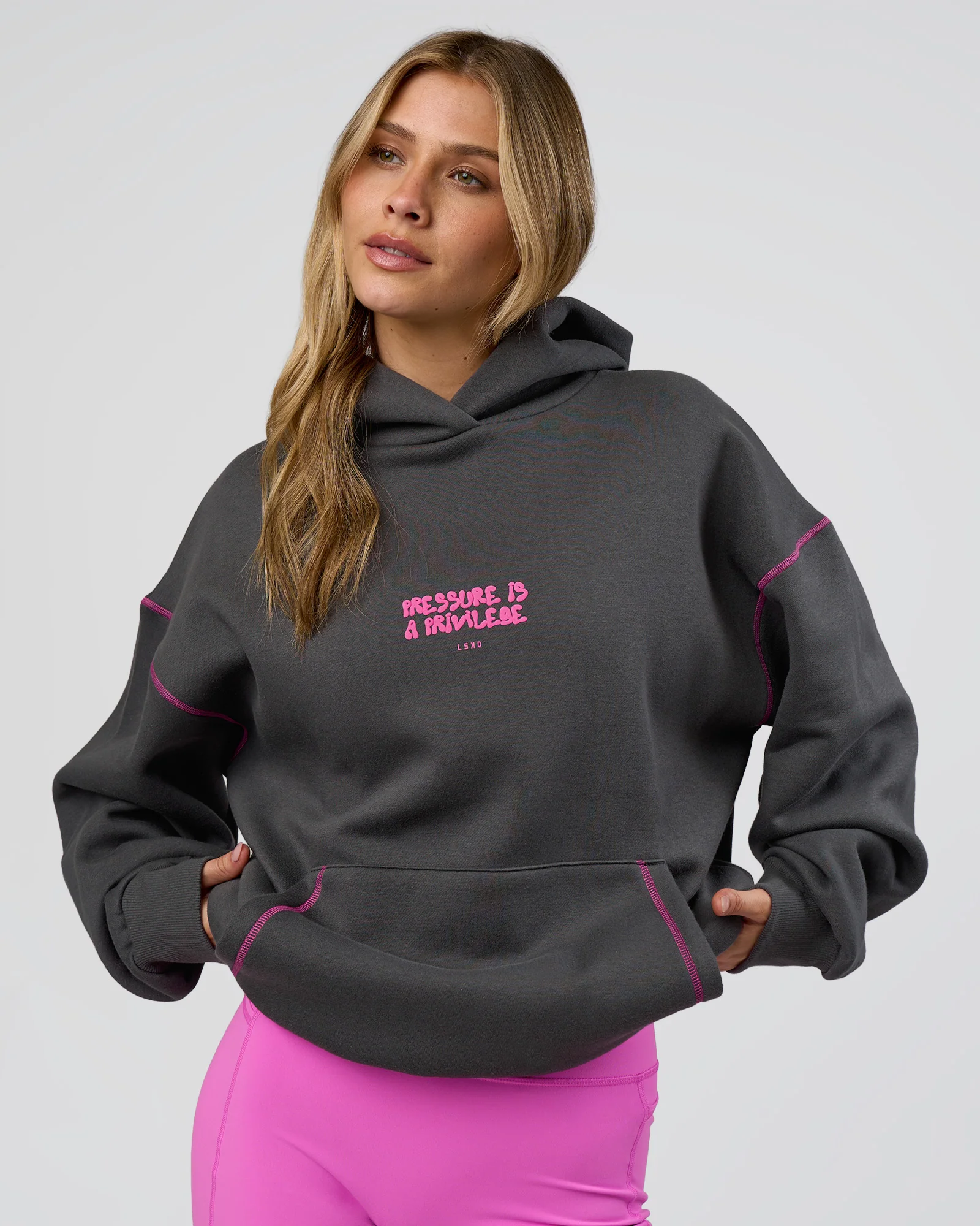 Pressure is Privilege Oversized Hoodie - Dark Storm-Ultra Fuchsia - Image 5