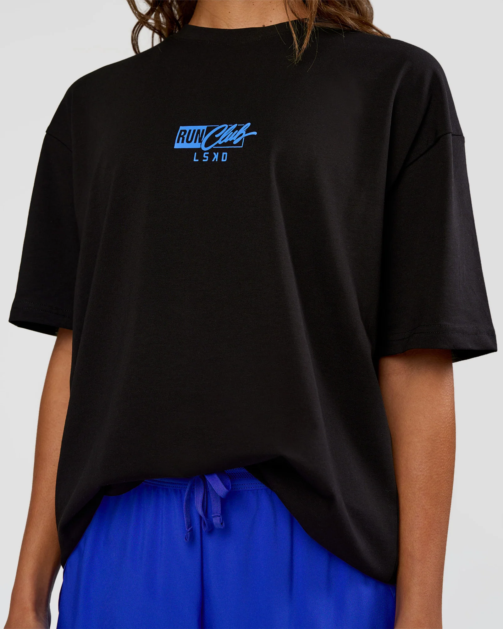 Run Club Script FLXCotton Oversized Tee - Black-Palace Blue - Image 9